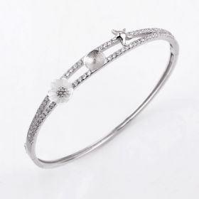 Fashion Flower White Shell Zircons Bangle 925 Silver Pearl Settings for DIY Jewelry Ornament