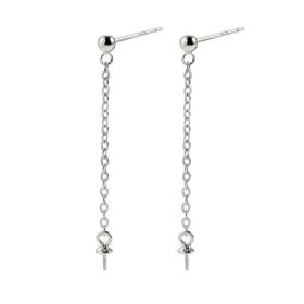 Sterling Silver Simple Pearl Earrings Line Setting Drop Dangling Chain with Bead Cup Bail Pin