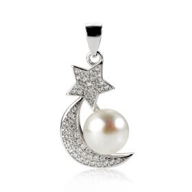 Shiny Rhinestone Moon and Star Single Pearl Pendant Sterling Silver