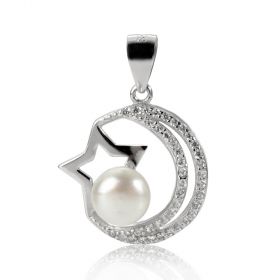 Shiny Star Sterling Silver Rhinestone Pearl Pendant Drop Dangle