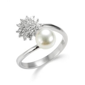 Rhinestone Flower Sterling Silver Pearl Accented Bypass Ring