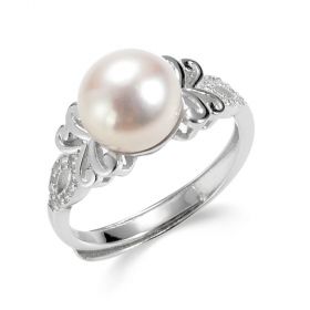 Adjustable S925 Sterling Silver Freshwater Pearl Ring with Zircons