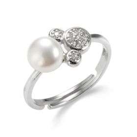 Shiny Mickey Mouse Head Sterling Silver Pearl Adjustable Ring