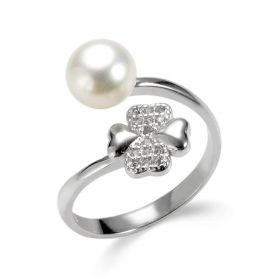 Lucky Clover Four Heart Sterling Silver Pearl Bypass Ring for Women Girls