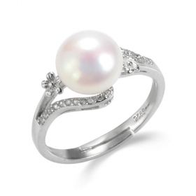 Sterling Silver Freshwater Pearl Flower Bypass Ring Accented with Rhinestone