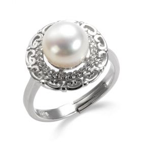 Rhinestone Surrounded Halo Style Pearl Ring in Sterling Silver