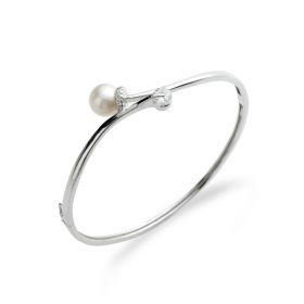  925 Sterling Silver Bangle 8-9 mm Round White Pearl