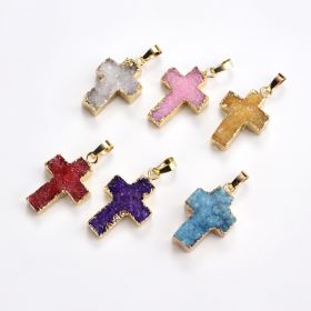 Gold Plated Colorful Agate Druzy Cross Pendant Bead Sparkly Drusy Gemstone Geode Jewelry Bead