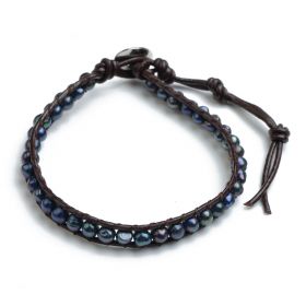 Single Wrap Bracelet 4-5 mm Potato Black Freshwater Pearls on Brown Leather