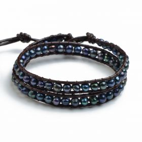 Potato Black Freshwater Pearl Bracelet Chic Beauty Leather Beaded 2 Wrap Bracelet Jewelry