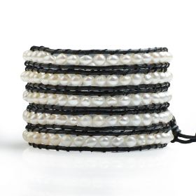 Black Leather White 4-5mm Potato Freshwater Pearls Fashion 5 Wrap Bracelet