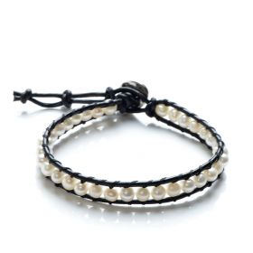 4-5mm Potato White Freshwater Pearls Single Wrap Bracelet on Leather