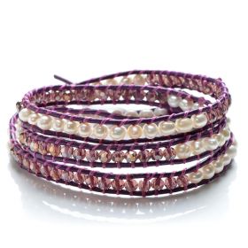 3 Wraps Bracelets Handmade Potato White Pearls with Purple Crystal Beaded Leather Bracelet