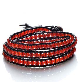 Red Agate Smooth Round Beaded 3 Wrap Bracelet Handmade on Black Leather Strand Bracelets