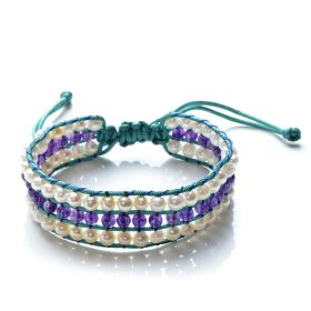 Hand Woven Potato White Pearls and Amethyst Beaded Cord 3 Row Wrap Bracelet