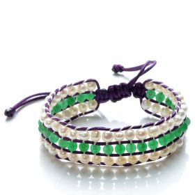 Potato 4-5mm White Pearls and Green Jade 3 Row Wrap Nylon Cord Hand Weave Bracelet