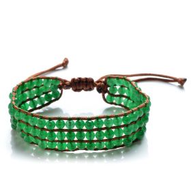 Round 4-5mm Smooth Round Green Malaysia Jade Beaded 3 Row Wrap Bracelet Adjustable