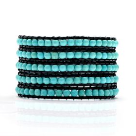 Fashion Handmade Beaded 4-5mm Blue Turquoise 5 Wrap Bracelet on Black Leather