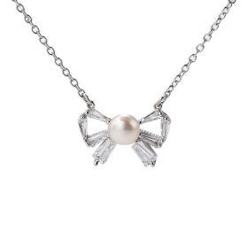 925 Sterling Silver White Bread Freshwater Pearl Bowknot Pendant Necklace Jewelry Gift for Girls