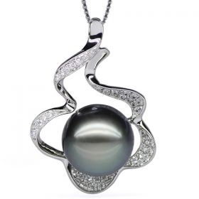 Round 11-12mm AAA Natural Black Tahitian Pearl Pendant with 925 Sterling Silver Necklace Chain EP4985