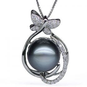 Butterfly Pendant Round 12-13mm AAA Natural Black Tahitian Pearl with 925 Sterling Silver Chain EP5586