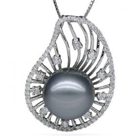 Round 12-13mm AAA Silvery Grey Tahitian Pearl Pendant with 925 Sterling Silver Chain EP5833