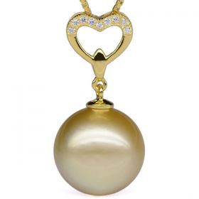 Golden South Sea Pearl Pendant Round 13-14mm AA with 925 Sterling Silver Necklace Chain EP6788