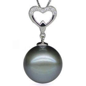 Round 13-14mm AA Natural Black Tahitian Pearl Pendant with 925 Sterling Silver Necklace Chain EP7547