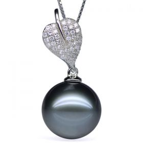 Round 13-14mm AA Natural Black Tahitian Pearl Pendant with 925 Sterling Silver Necklace Chain EP7821