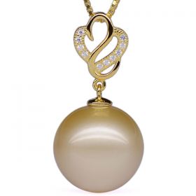 Round 14-15mm AA Golden South Sea Pearl Pendant with 925 Sterling Silver Necklace Chain EP83410