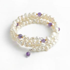 6-7mm White Freshwater Cultured Pearls Bangle Bracelet with Amethyst Beads