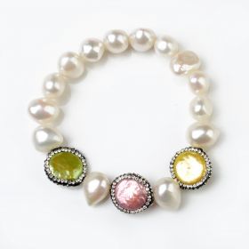 Nugget White Pearl Stretch Bracelet Coin Rhinestones Multicolor Pearls FBR165