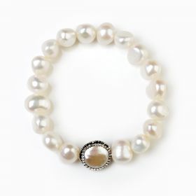 Nugget White Pearls Stretch Bracelet Coin Beads Clay Rhinestones FBR166