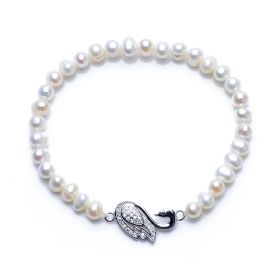 925 Silver Swan Charming 5-6mm Potato Pearl Stretch Bracelet Girls