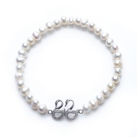 Charming 925 Silver Dual Swan 5-6mm Potato Pearl Stretch Bracelet for Girls