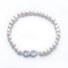 Lucky 925 Silver Figure 8 Charm Ladies 5-6mm Potato Pearl Stretch Bracelet