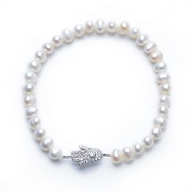 925 Silver Buddha Hand 5-6mm Potato Pearl Stretch Bracelet for Girls Fashion Jewelry