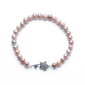 Women's 925 Silver Lucky Star Charm 5-6mm Potato Pearl Stretch Bracelet