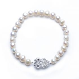 Girl's Cute 925 Silver Owl Inlaid Shiny Zircons 6-7mm Potato Pearl Stretch Bracelet