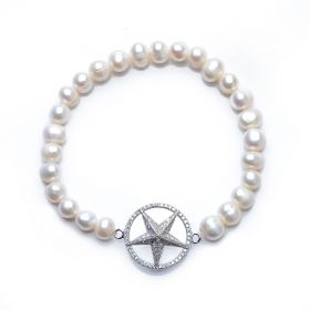 Shining 925 Silver Pentagram Star Fashion 6-7mm Potato Pearl Stretch Bracelet