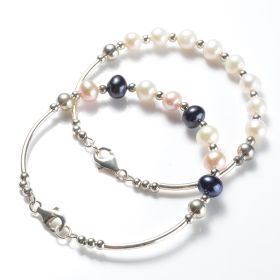 Simple Fashion 925 Silver Tube and Clasp 7-8mm Potato Pearl Bangle Bracelet