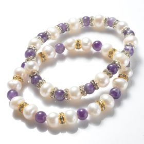 8-9mm Potato White Pearls with 6mm Amethyst Stretch Bracelet for Women's Gifts