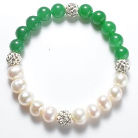 Potato White Pearl & Green Malaysia Jade Stretch Bracelet with Shiny Rhinestone Ball