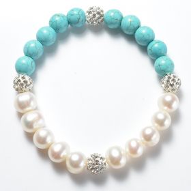 White Freshwater Pearl and Blue Turquoise Stretch Bracelet with Shiny Rhinestone Ball