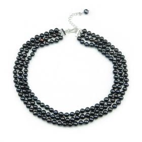 Chic Ladies Three Strand 7-8mm Black Potato Freshwater Cultured Pearl Necklace