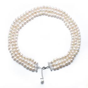 White Pearl 7-8mm Potato Freshwater Pearl 3 Strand Necklace Charming Bridal Jewelry