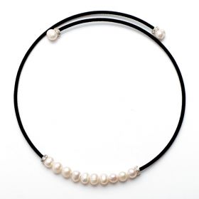 Black Cotton Cord White Freshwater Pearls Choker Necklace For Women's Fashion Jewelry