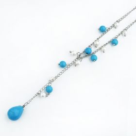 Blue Turquoise with White Pearls Y Necklace FN179