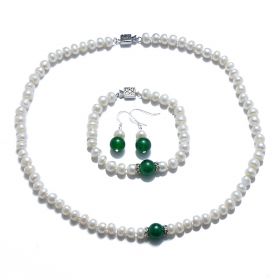 Button 7-8mm White Freshwater Pearls with Green Jade Jewerly Set 