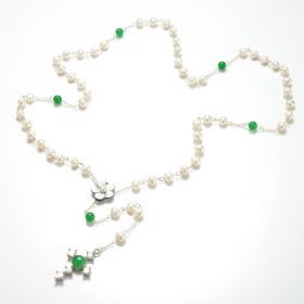 Lariat Y Necklace White Freshwater Pearls Malaysia Jade Cross Pendant